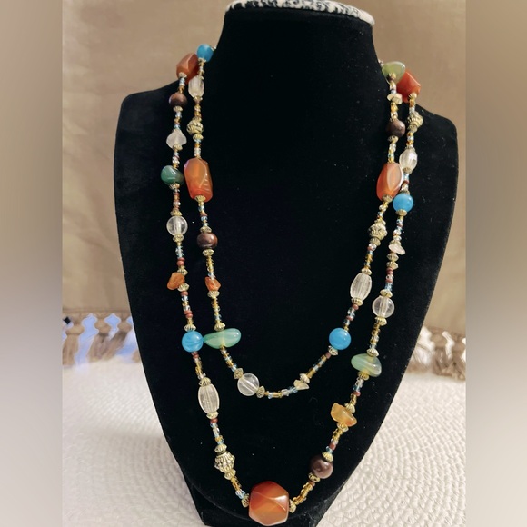 Jewelry Multicolor Stones Seedbead Metaltone Lucite Beaded Long